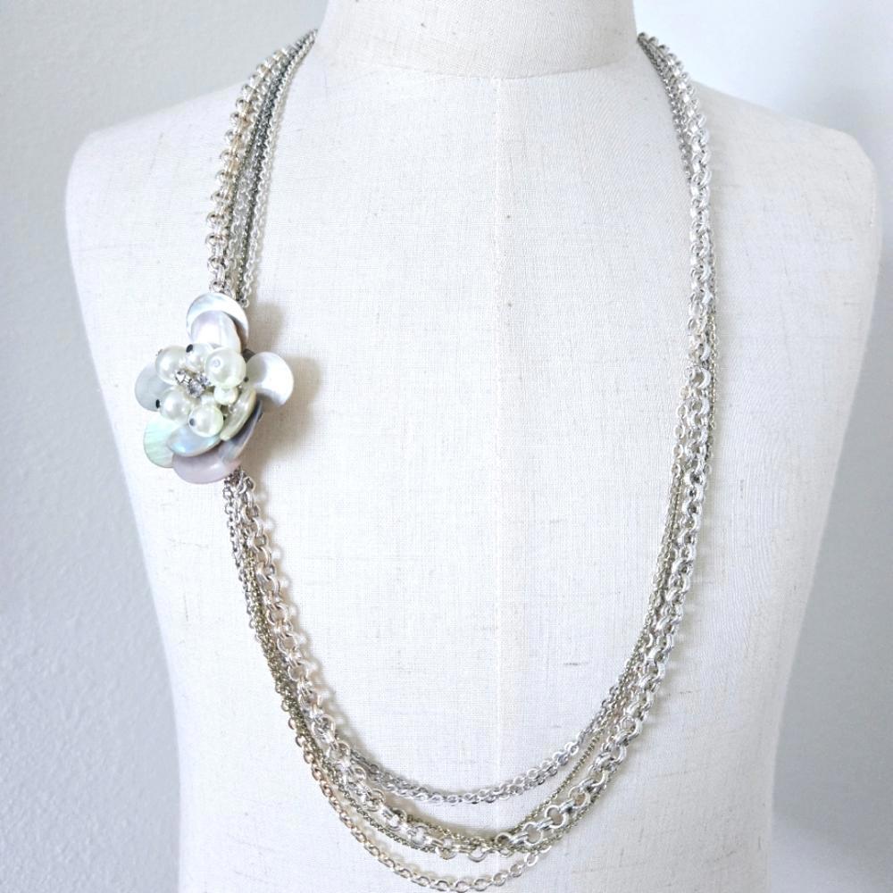 Mother Of Pearl Abalone Shell Flower Necklace W/ Gold & Silver Tone Chain